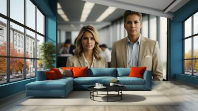 Portrait of confident business man and woman looking at camera while standing with colleague in office Wall mural