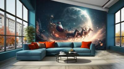 Santa Claus in his Sleigh scene reindeers magic fairy dust moon scene, Generative ai Wall mural