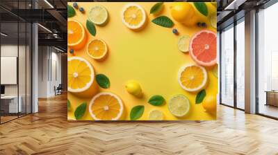 Yellow summer concept. Top view of colorful citrus fruits - orange, lemon, lime, grapefruit, and mint leaves on a sunny yellow background with an empty space for text, Generative AI Wall mural