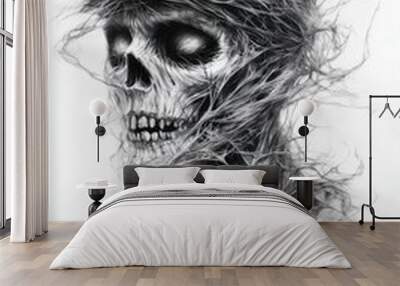 Mysterious Mummy Face in Misty Waves, 80s Anime Style, Spooky Halloween Illustration Wall mural