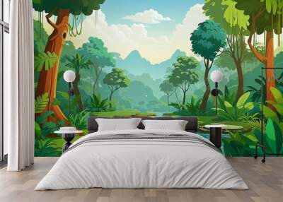 Vector wild background forest illustration with cartoon trees amp jungle scenery nature drawing fantasy Wall mural