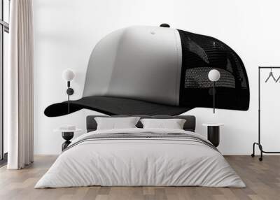 White and black baseball cap mockup front view, PNG file of isolated cutout object with a transparent background.  Wall mural