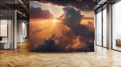 An aerial shot above beautiful sunset clouds with sun shining on horizon, detailed picturesque view, amazing photo of cloudscape with beautiful light rays. Wall mural