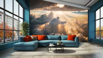 An aerial shot above beautiful sunset clouds with sun shining through fog, detailed picturesque view, camera moving into amazing cloudscape with beautiful light rays. Wall mural