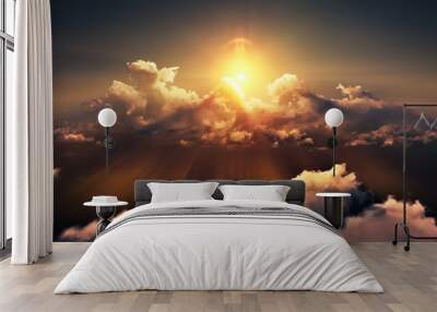 Flying through picturesque sunny cloudscape. Amazing of soft golden clouds moving in pure sunshine and the sun glowing through the clouds with beautiful rays and lens flare. Wall mural