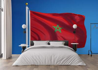 Morocco flag waving against clean blue sky, close up, isolated with clipping path mask alpha channel transparency Wall mural