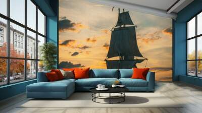 The Frigate Shtandar in calm weather sailing sunset time Riga Latvia Wall mural