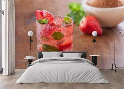 Strawberry mojito served with lime and crushed ice Wall mural