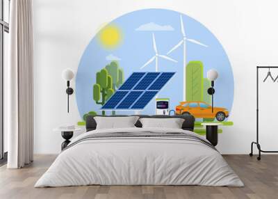 Ecology - Electric car -Modern flat vector concept illustration of Solar panels and an electric car. Wall mural