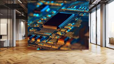 Electronic circuit board with electronic components such as chips close up. The concept of the electronic computer hardware technology.	 Wall mural