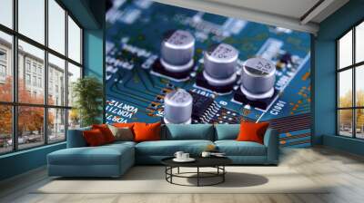 Electronic circuit board with electronic components such as chips close up. Wall mural