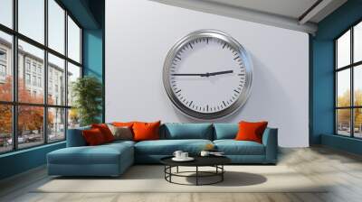 Glossy chrome clock on a white wall at quarter to three. Time is 02:45 or 14:45 Wall mural