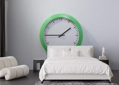 Glossy green clock on a white wall at quarter to two. Time is 01:45 or 13:45 Wall mural