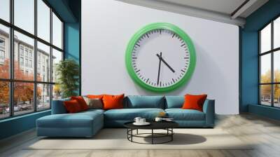 Glossy green clock on a white wall at thirty-one past four. Time is 04:31 or 16:31 Wall mural