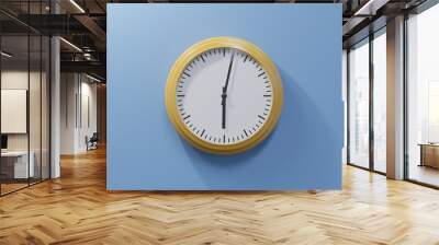 Glossy orange clock on a blue wall at two past six. Time is 06:02 or 18:02 Wall mural