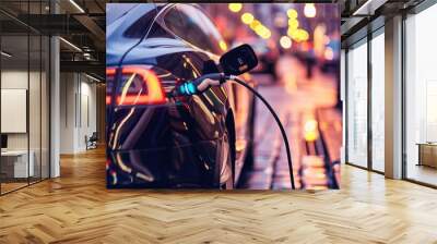 Electric Vehicle Charging at Twilight in a Vibrant City Street Wall mural