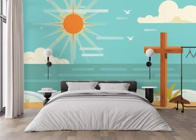 Serenity at Sunset: A Wooden Cross Stands by the Tranquil Beach Wall mural