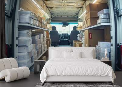 A delivery van filled with medical supplies packages, emphasizing the reliability and professionalism of the service with high detail and clean composition Wall mural