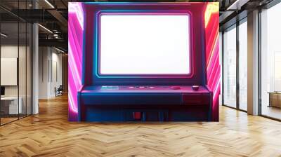 A retro arcade machine with an empty white screen, surrounded by neon lights in a dark arcade, captured in a vibrant, colorful photo style Wall mural