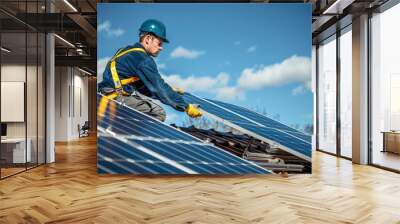 A solar panel technician working on a roof Wall mural