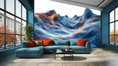 Abstract digital landscape with blue waves and glowing orange lights, resembling a holographic terrain or futuristic data visualization. Wall mural