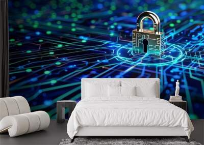 Abstract lock with circuit lines, cybersecurity concept, PNG style, High contrast, Blue and green Wall mural