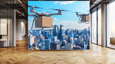 Drones delivering packages across a futuristic city skyline, Future of Trade, advanced logistics and the future of importexport industries Wall mural