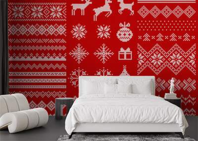 knitted elements and borders for christmas, new year or winter design. sweater ornaments for scandin Wall mural