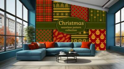 Merry Christmas and Happy New Year! Set of luxury seamless backgrounds with traditional holiday symbols: christmas tree, tree ball, bells, snowflakes and suitable abstract patterns. Vector collection. Wall mural