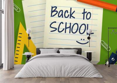 School background with stationery and paper sheets. Vector illus Wall mural