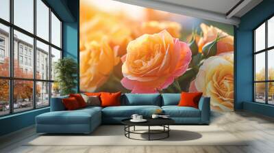 Pink and yellow rose flower in the garden and sunlight with bokeh,Generative AI Wall mural