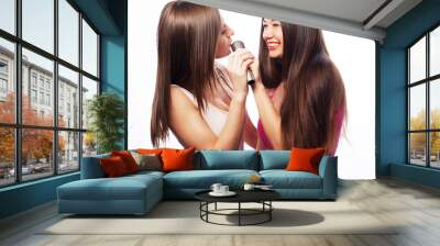 lifestyle and people concept: Happy girls friends with microphone over white background Wall mural