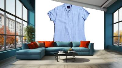 Blank blue men's short sleeve summer shirt, front, isolated on white background, creased wrinkle striped. Regular fit. Wall mural