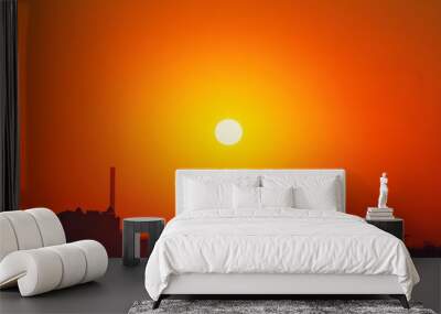 Heatwave hot sun. Global warming llimate change. Summer background with a magnificent summer sun. Autumn sunset. The setting sun in a clear sky. Hot city weather concept. High temperature at summer. Wall mural