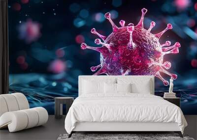 A 3D rendering of a virus is set against a bokeh background, showcasing its intricate design. Wall mural