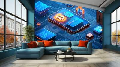 A Bitcoin cryptocurrency symbol is intricately displayed on a digital technology circuit board, representing blockchain innovation. Wall mural