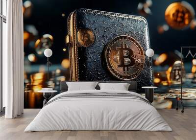 A Bitcoin wallet filled with gold coins represents the concept of cryptocurrency and modern finance. Wall mural