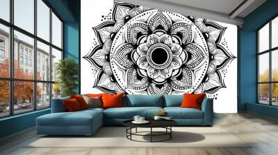 A black and white mandala illustration with ornamental floral patterns and spiritual symbolism. Wall mural