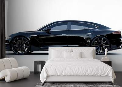 A black luxury sedan stands elegantly isolated against a white background. Wall mural