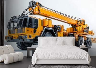 A bright yellow construction crane truck, isolated on a pristine white background. Wall mural