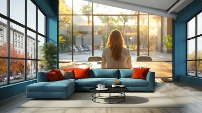 A businesswoman sits at her desk, bathed in soft sunlight streaming through the window. Wall mural