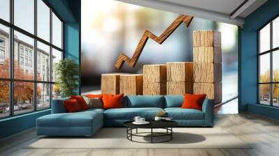 A chart made of wooden blocks with an upward arrow symbolizing growth and success. Wall mural