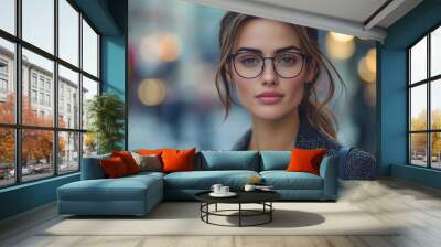 A close-up portrait of a young woman in stylish glasses against a city backdrop captures urban sophistication. Wall mural