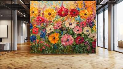 A colorful flower field painting in an abstract style, celebrating the beauty of nature in full bloom. Wall mural