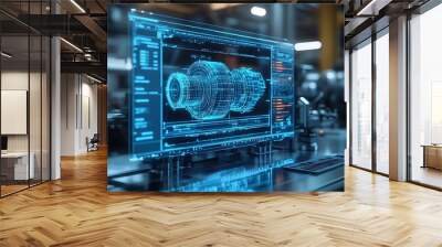 A computer screen displaying a 3D model of a machine part in a factory setting. Wall mural