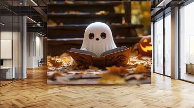 A cute ghost enjoys a cozy read among autumn leaves and scattered pumpkins. Wall mural