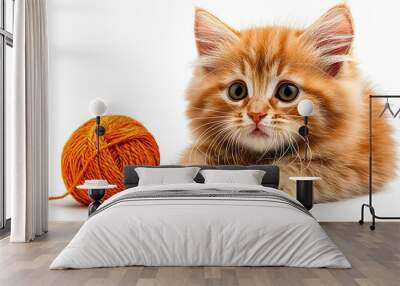 A cute ginger kitten plays with an orange ball of yarn, showcasing its playful spirit. Wall mural