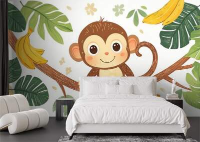 A cute monkey holds a branch with bananas, framed by tropical leaves in a lively illustration. Wall mural