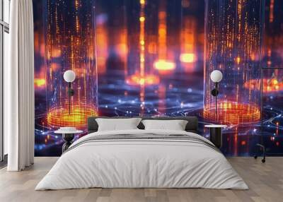 A data network glows with orange lights, pulsing through the matrix of futuristic technology. Wall mural