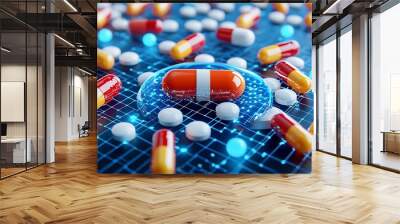 A digital healthcare concept with pharmaceutical pills arranged on a high-tech grid. Wall mural